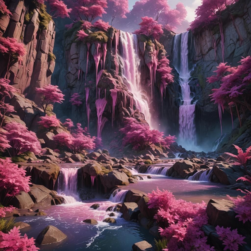 Fantastical Waterfall with Pink and Purple Water