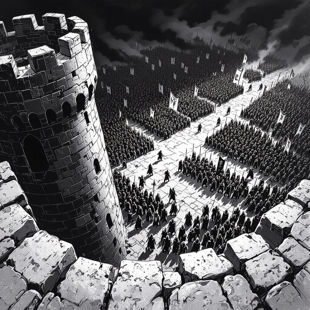 FRPG Tower View: Army Below in Stark Black and White