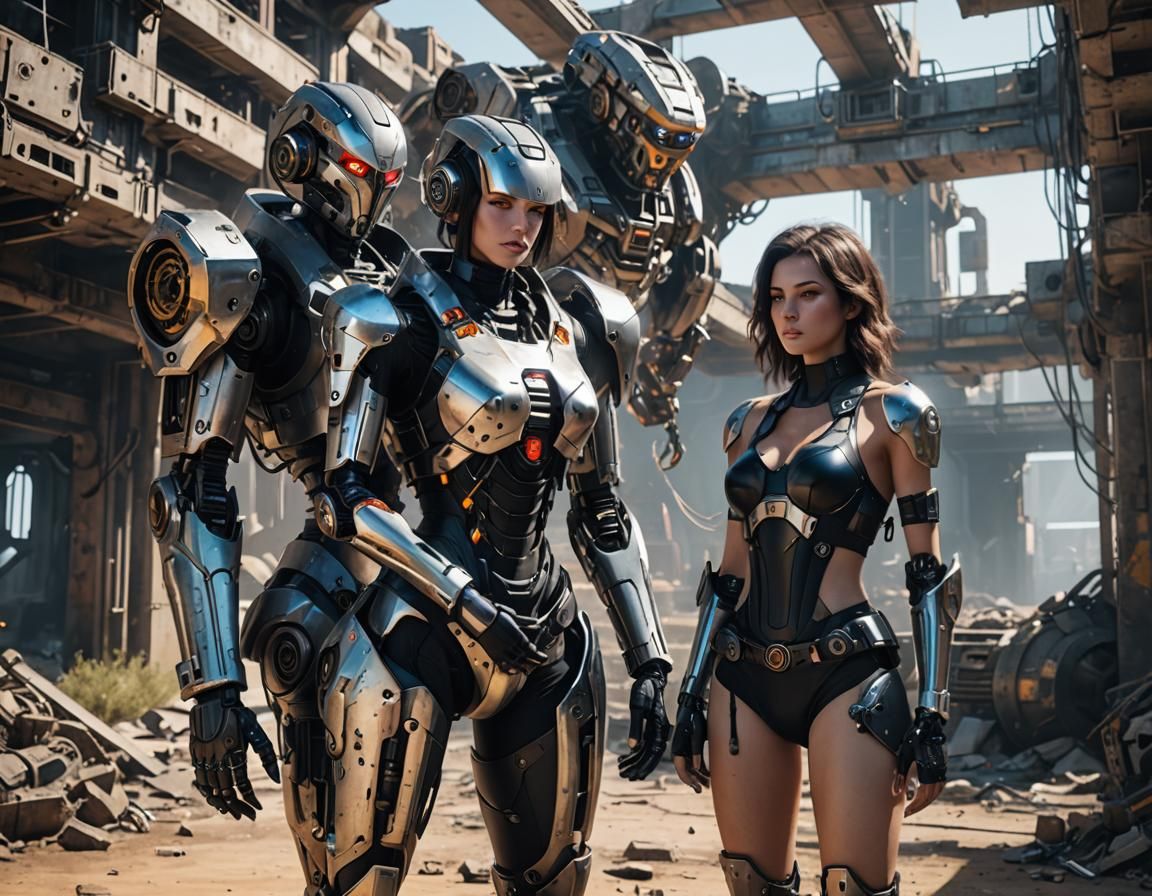Cyberpunk Women and Robot in Ruins