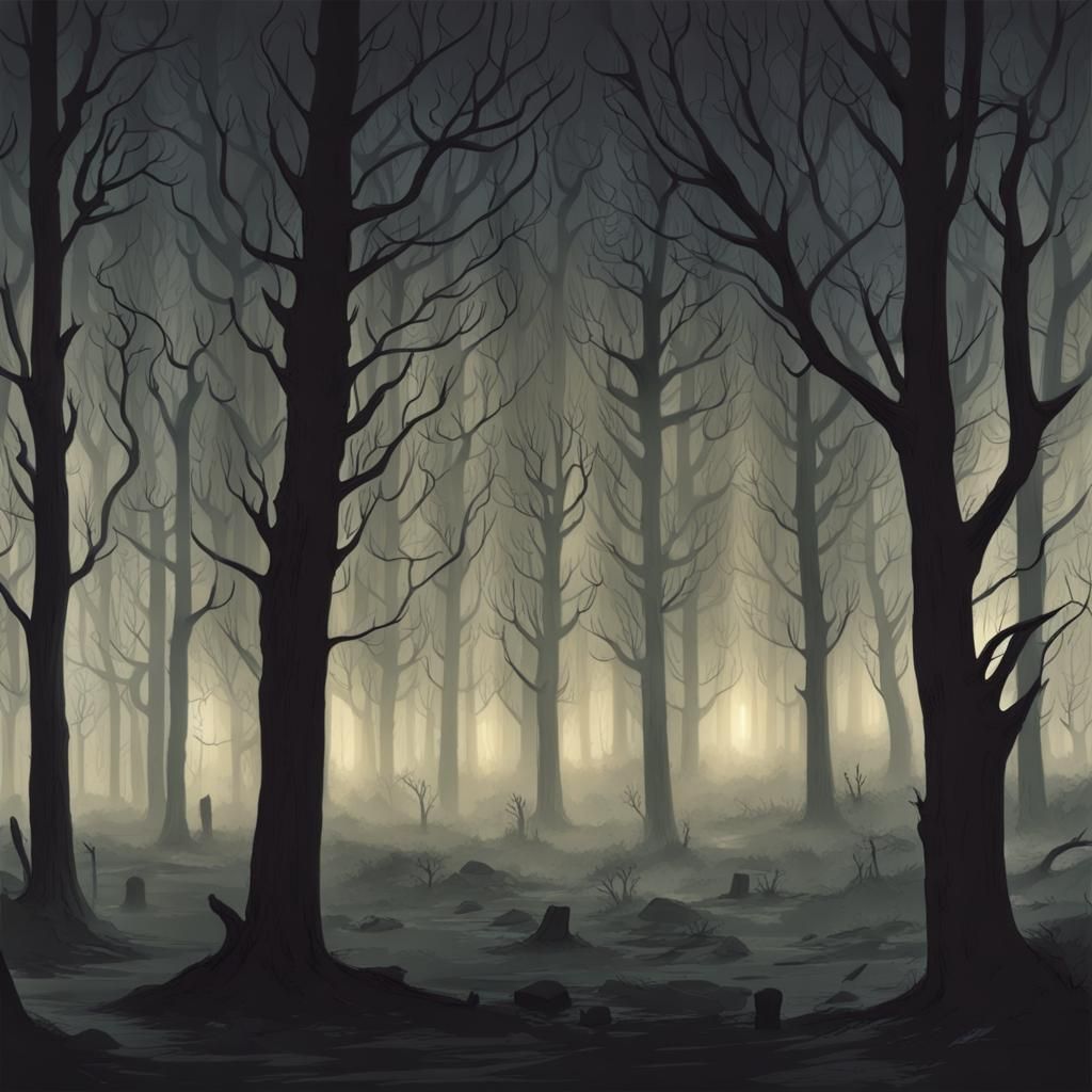 Eerie Forest at Night: Glowing Eyes in Fog
