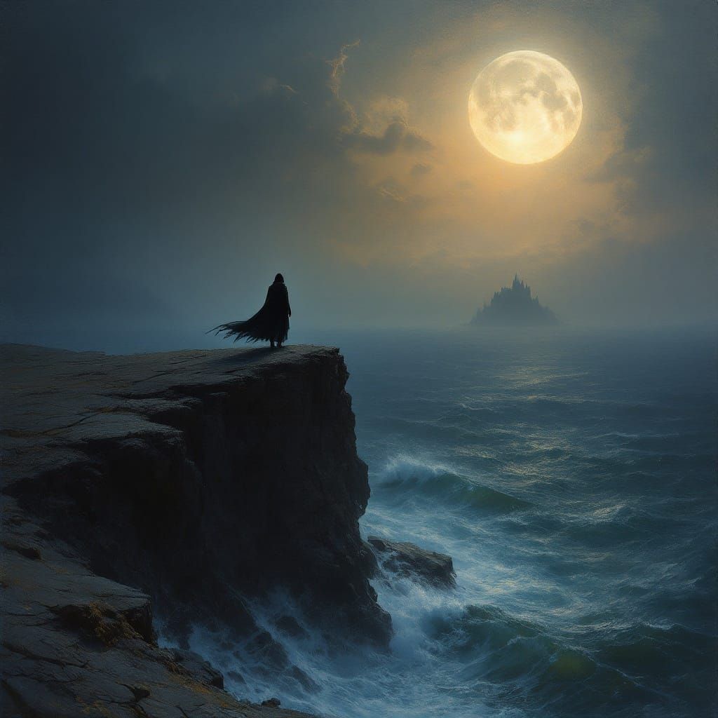 Mysterious Figure Overlooks Ancient Castle by Moonlit Ocean