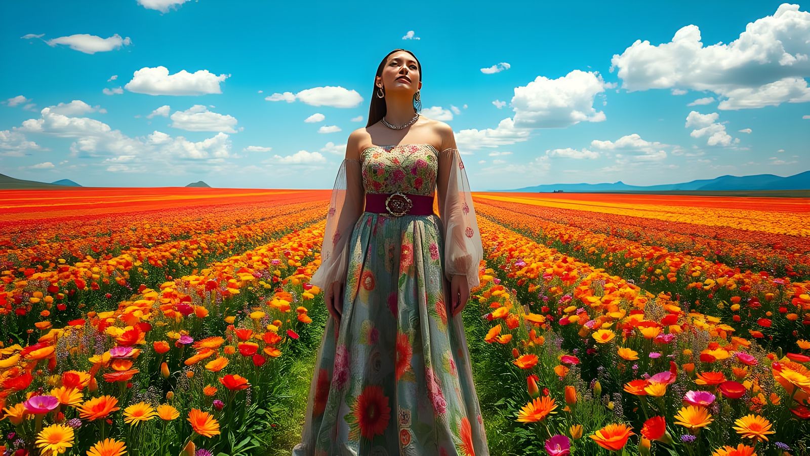 Vibrant Floral Landscape with Elegant Woman in Colorful Dres...