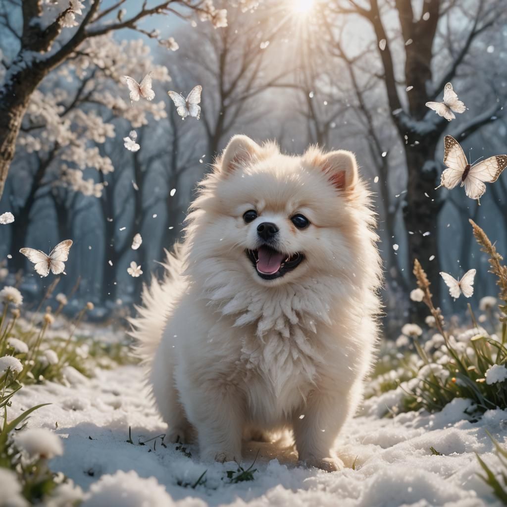 cute pomeranian puppy with butterflies