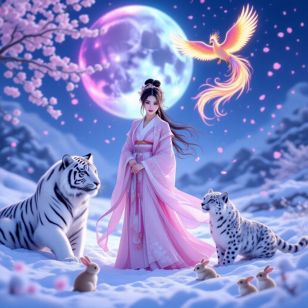 Lunar Legends: Woman in Snowy Meadow with Mythical Creatures