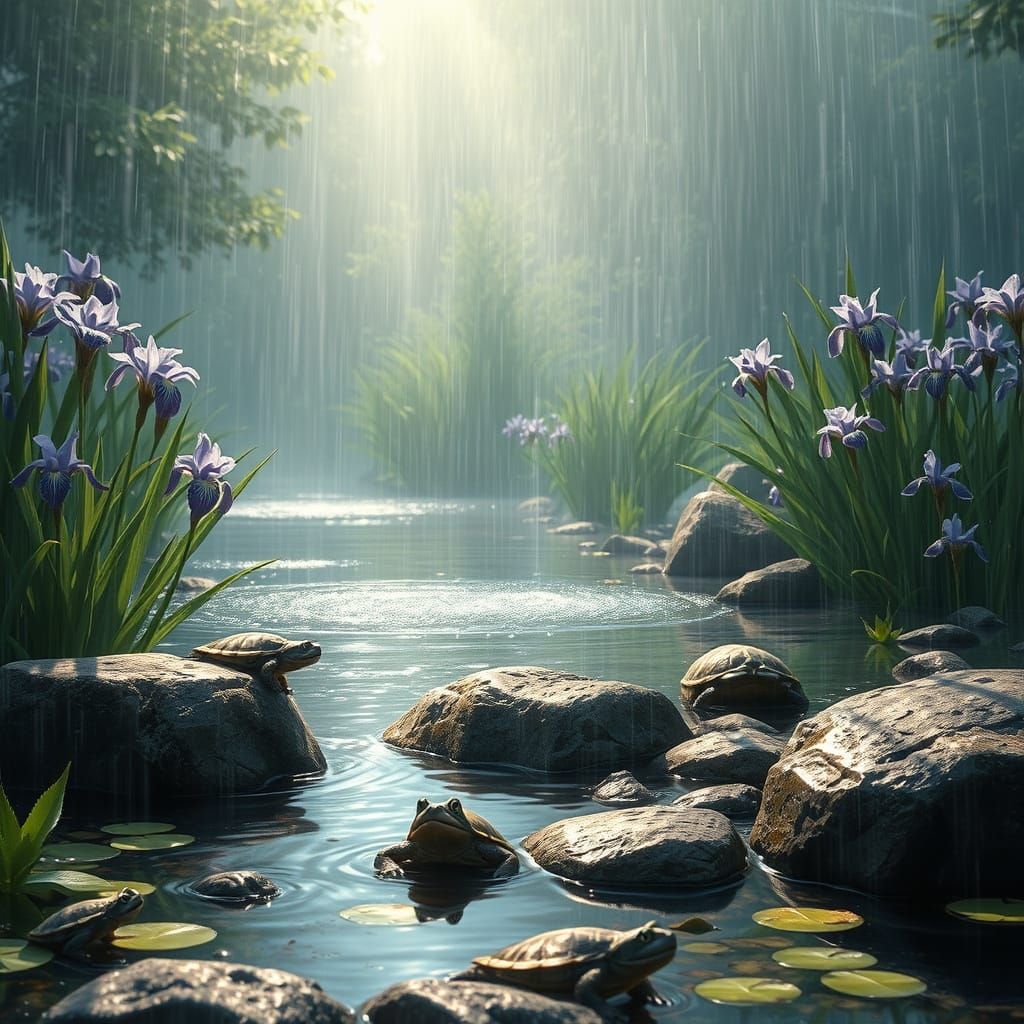 Rainy Pond with Iris, Turtles, and Frogs