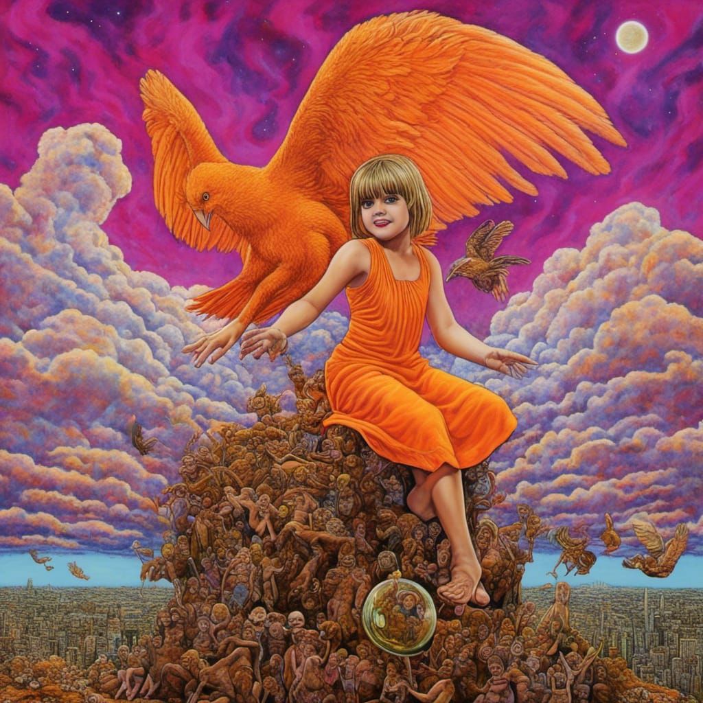 Girl Riding Giant Orange Bird in Flight