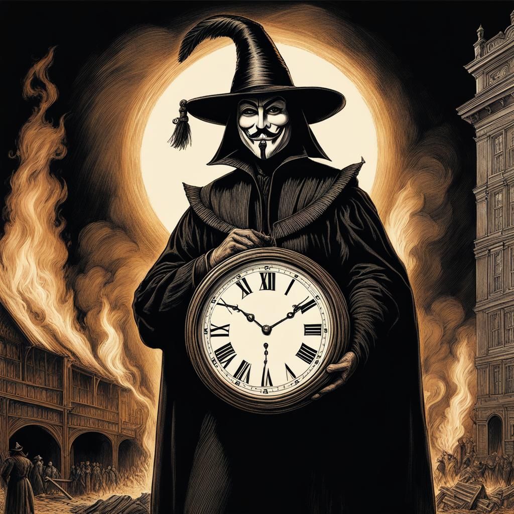 Guy Fawkes with Clock: Dark Academia Pencil Sketch