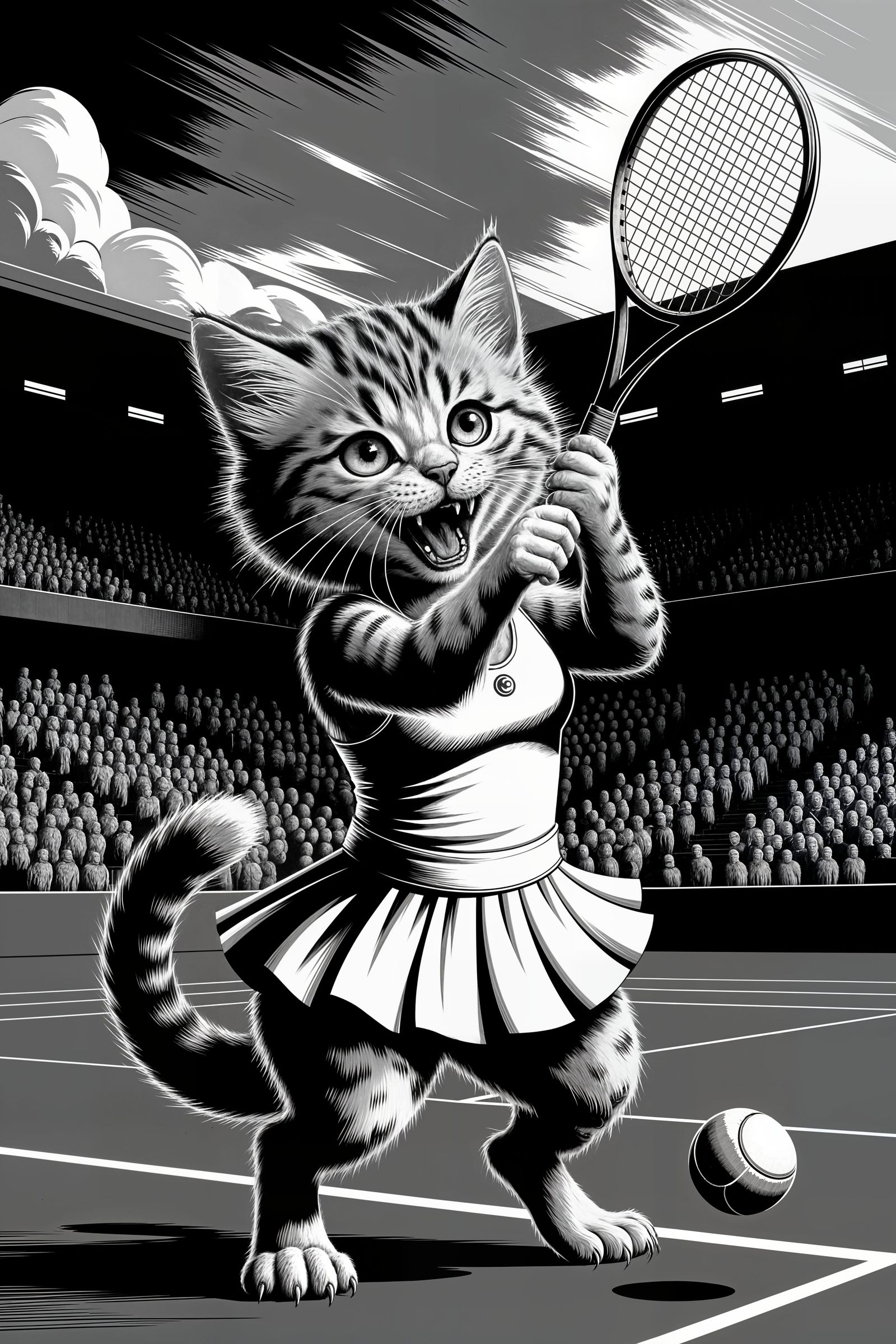 Laughing Kitten Playing Tennis in Ink Wash Style