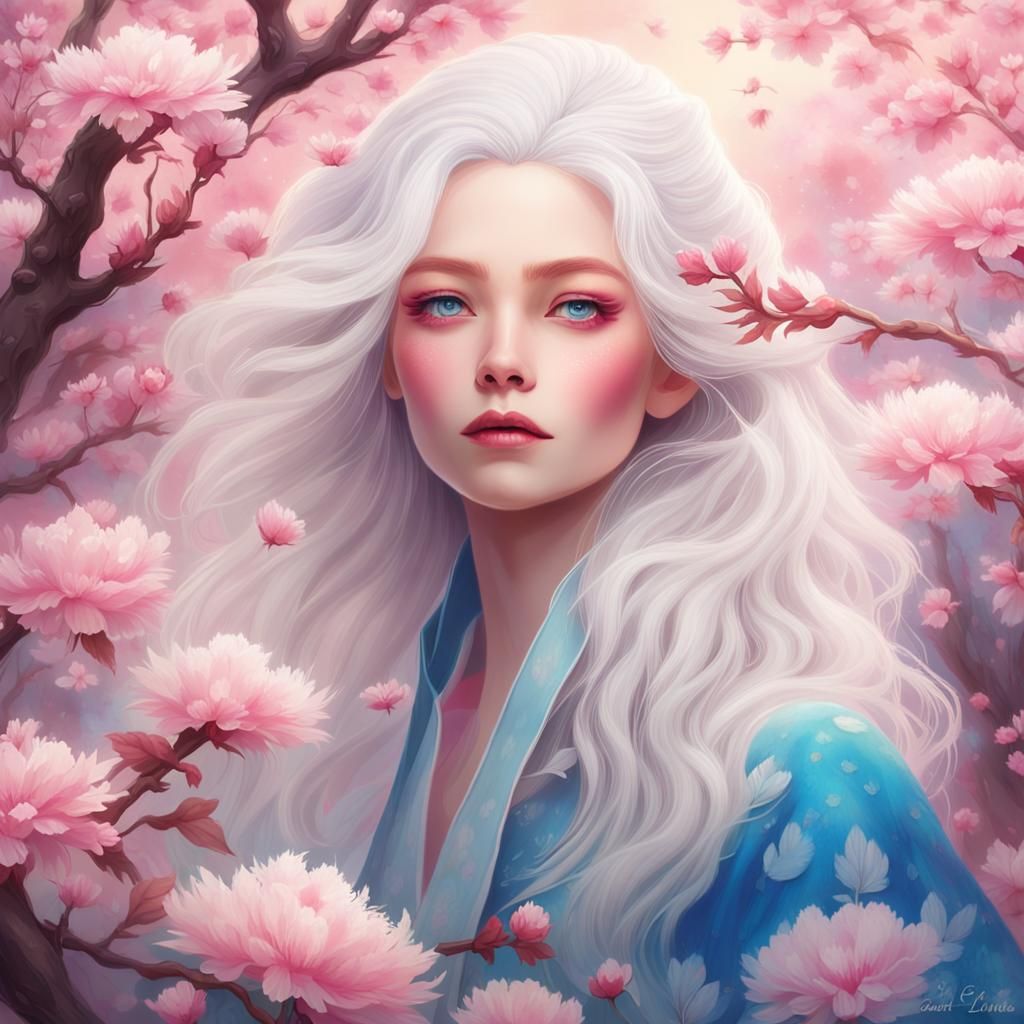 Woman with White Hair and Flowers in Graffiti Art