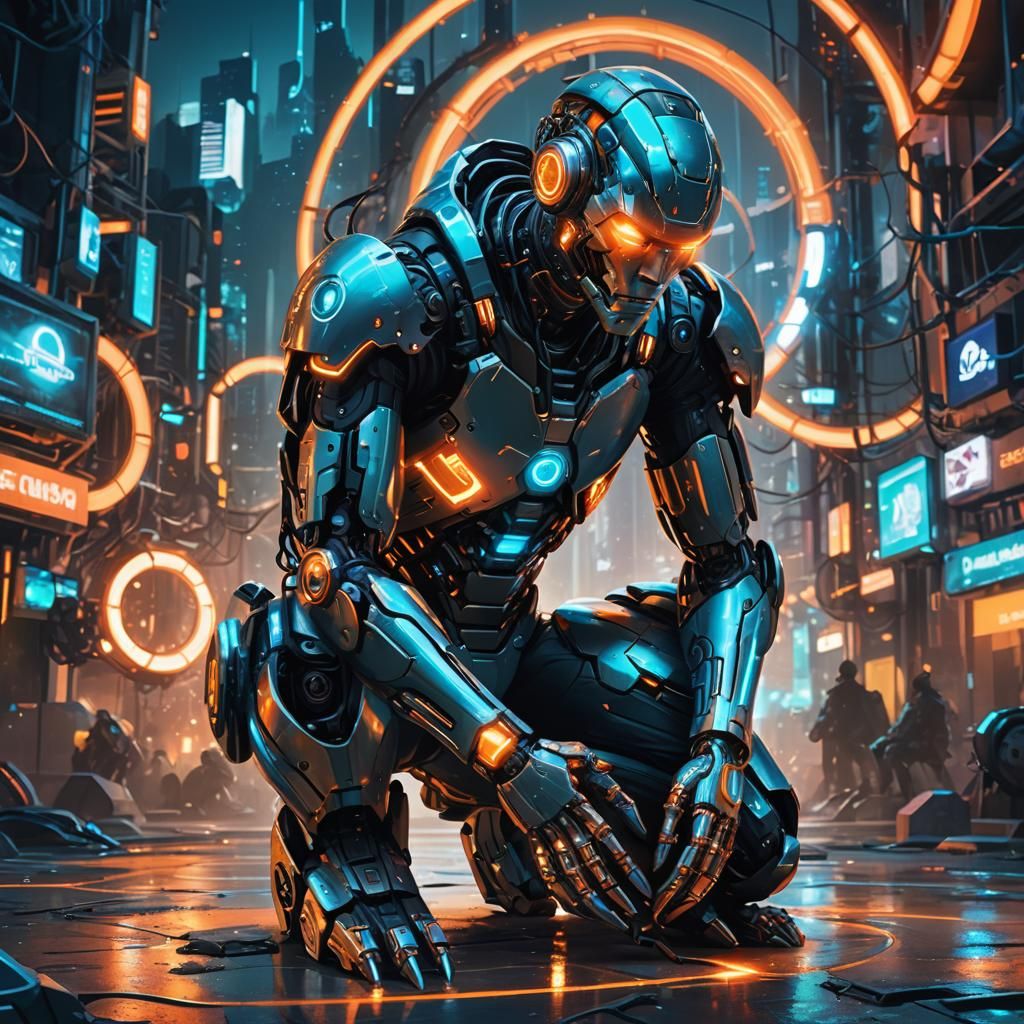 Cyborg in Futuristic Cityscape: Digital Concept Art