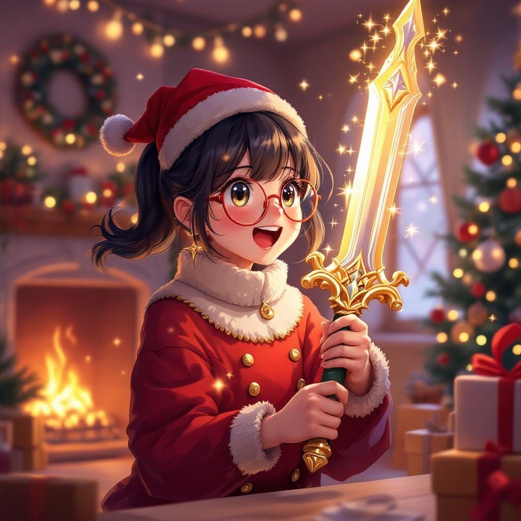 Anime Girl Excitedly Unwraps Christmas Sword