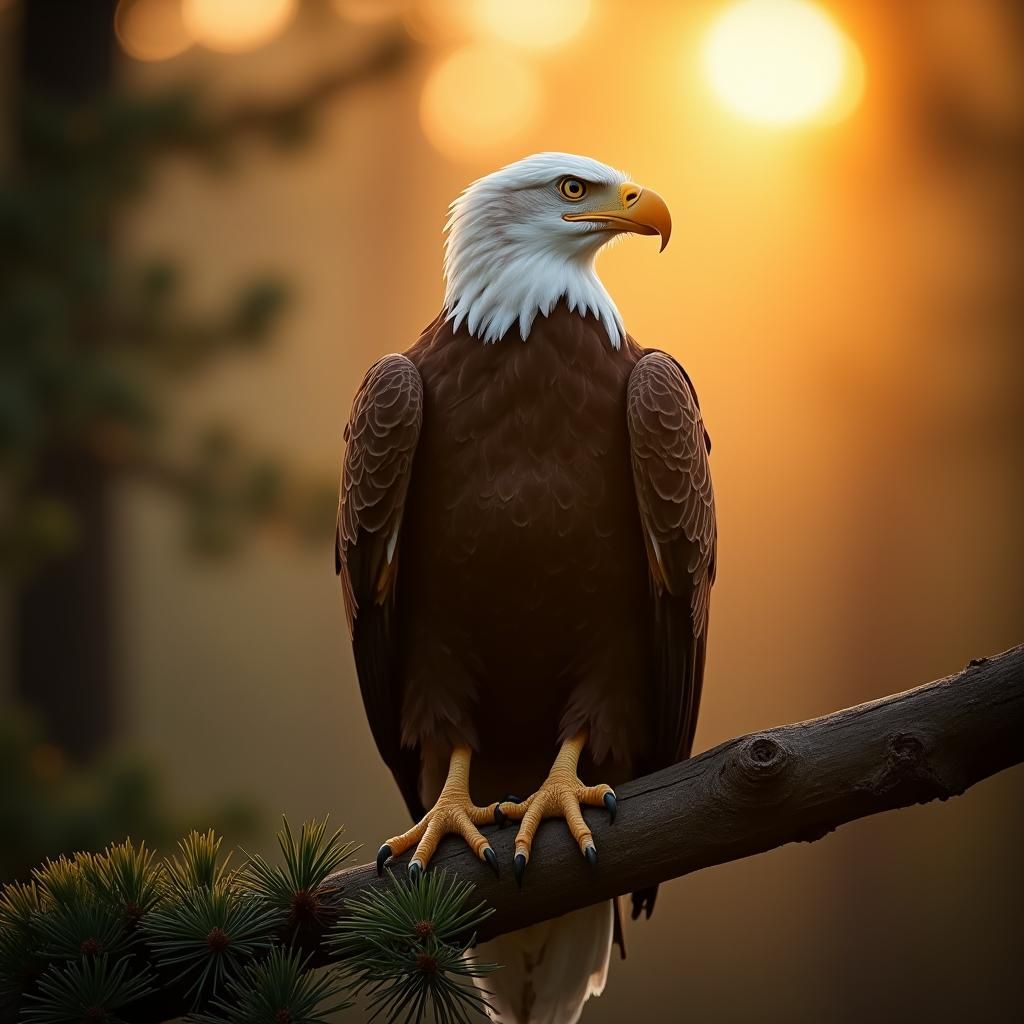 Majestic Eagle on Pine Branch in Golden Light