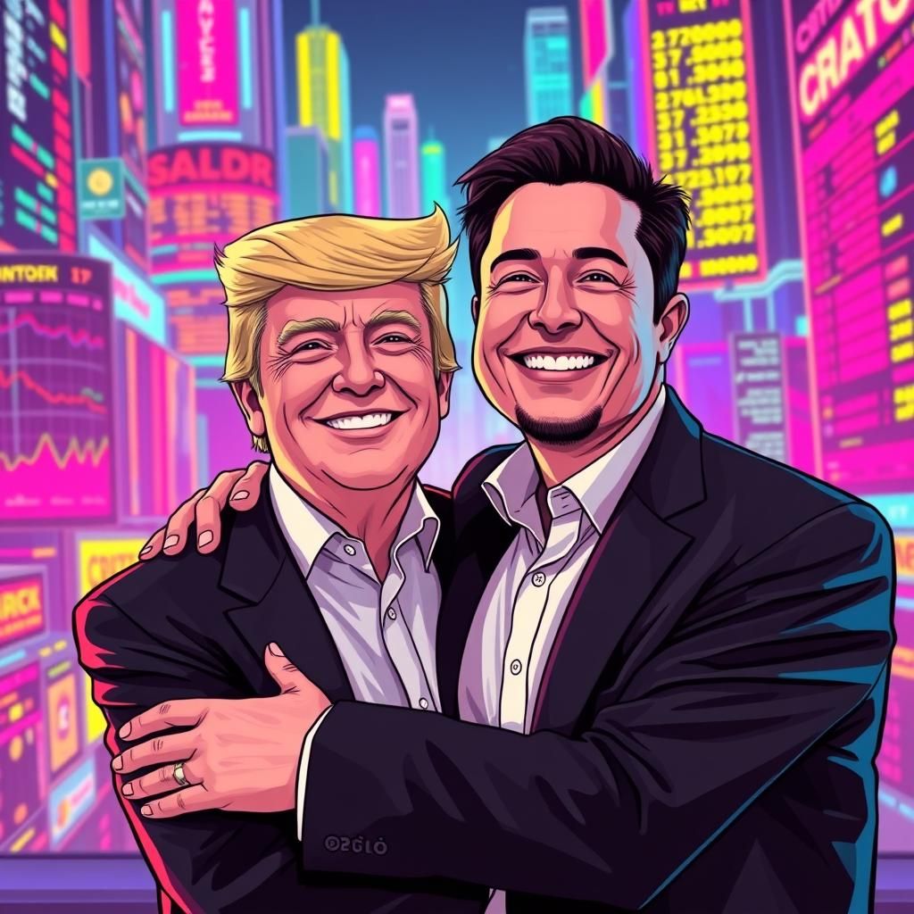 Cartoon of Trump and Musk Embracing in Neon Crypto Room