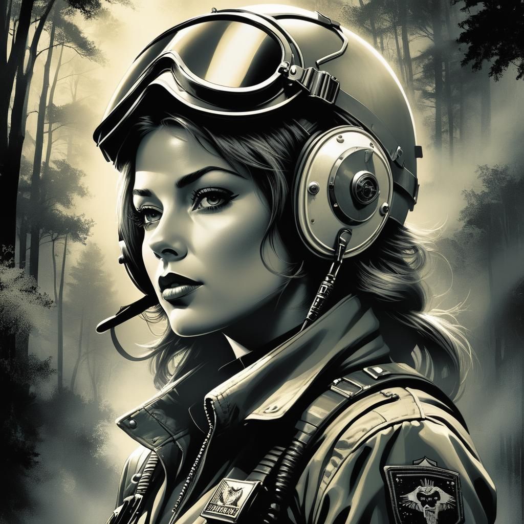 Female Pilot Portrait in Retro Comic Noir Style