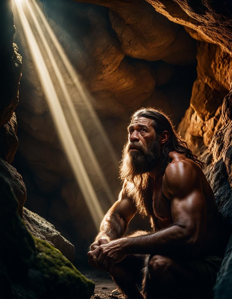 Handsome Neanderthal Caveman Portrait in Photorealistic Styl...