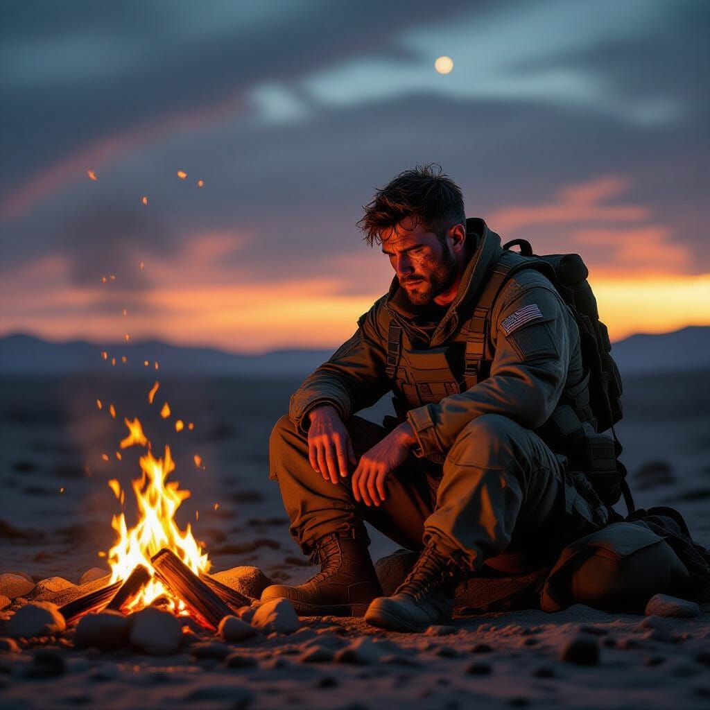 Weary Soldier on Alien Planet at Dusk