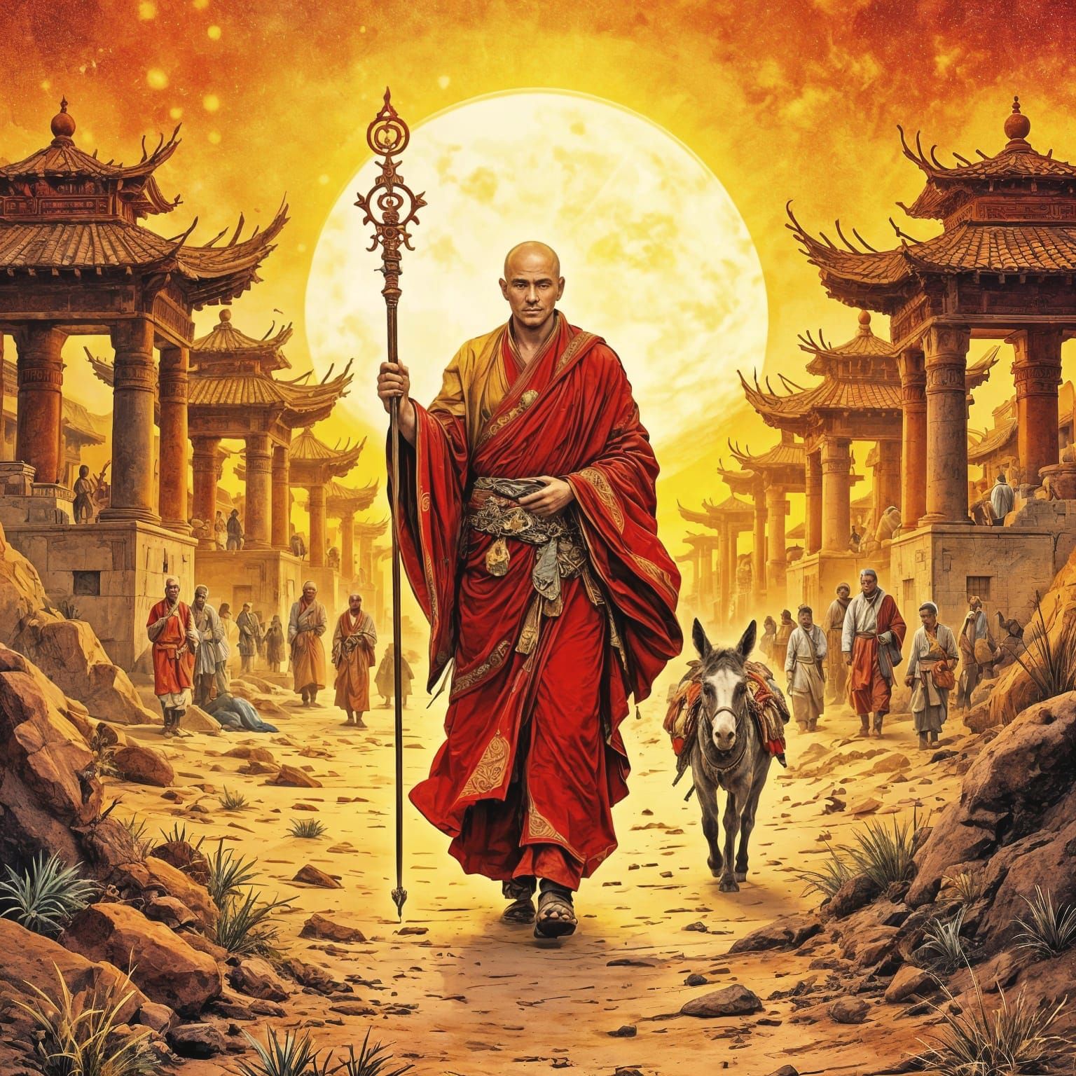 Buddhist Monk's Desert Journey: Alcohol Ink Illustration