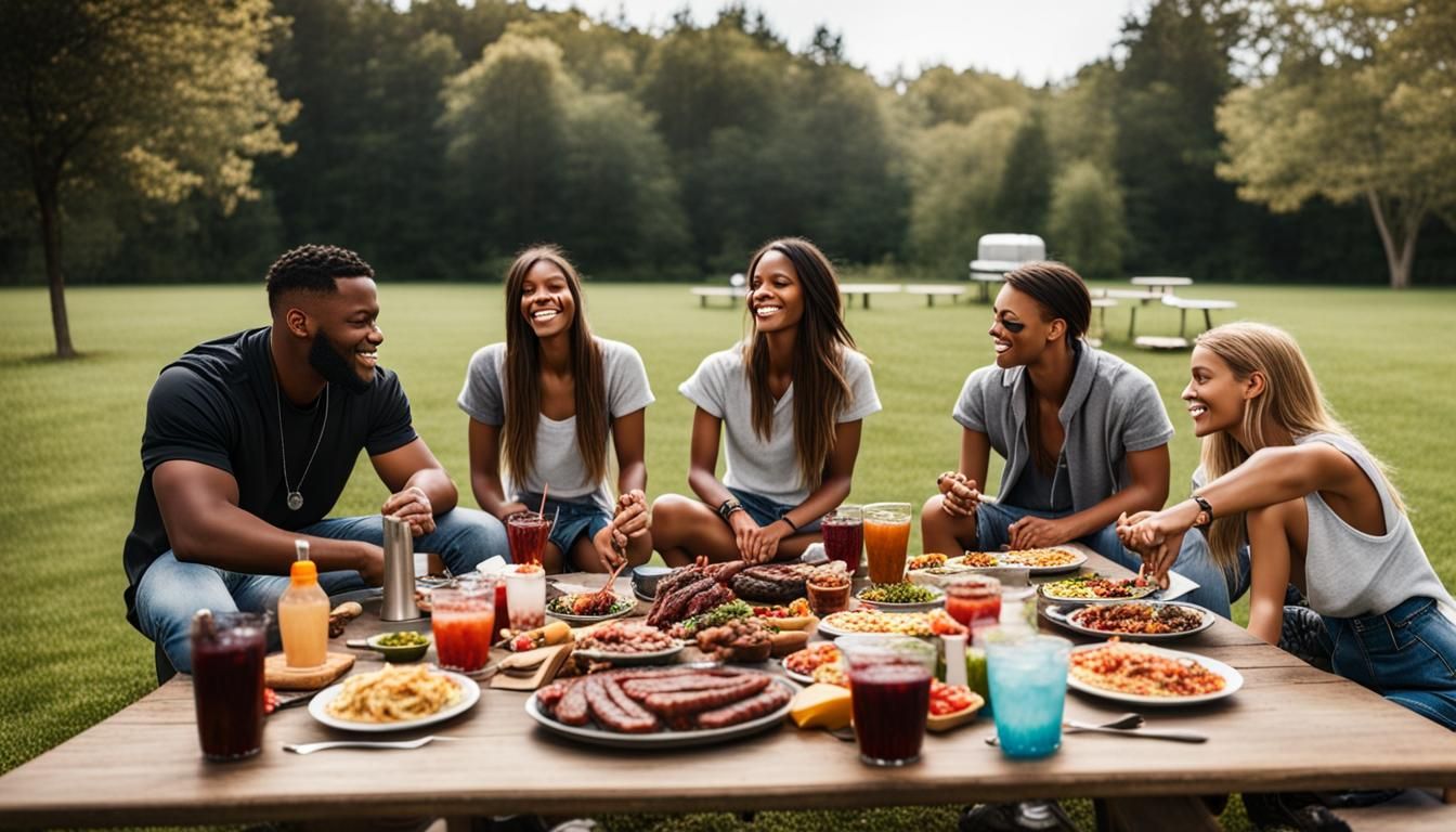 Friends Picnic on Grass with Barbecue