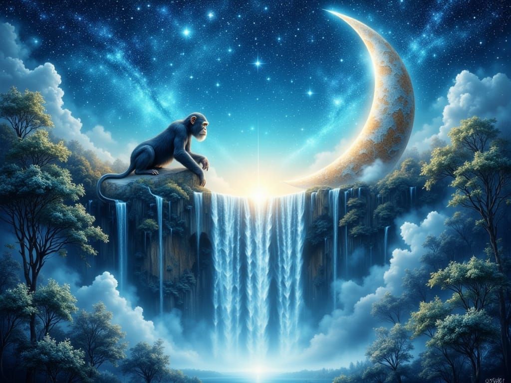 Cute Chimpanzee Rests on Crescent Moon in Starry Sky