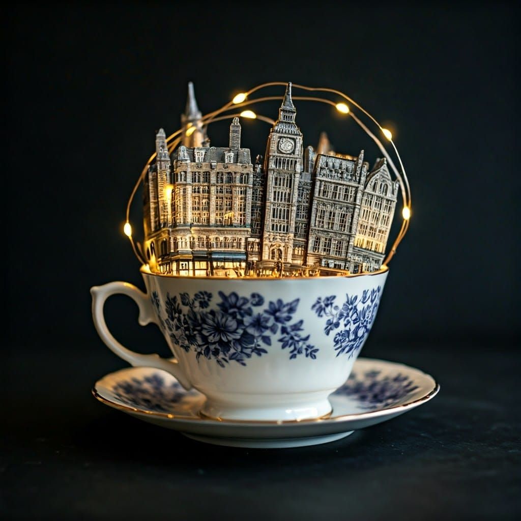 Miniature London Cityscape in Teacup, Rococo Style