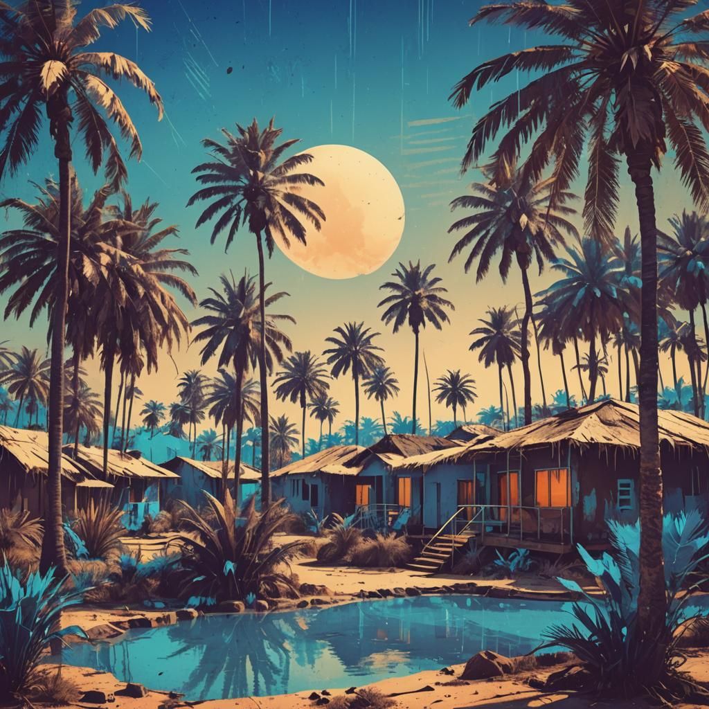 Futuristic African Village in Synthwave Neon Style