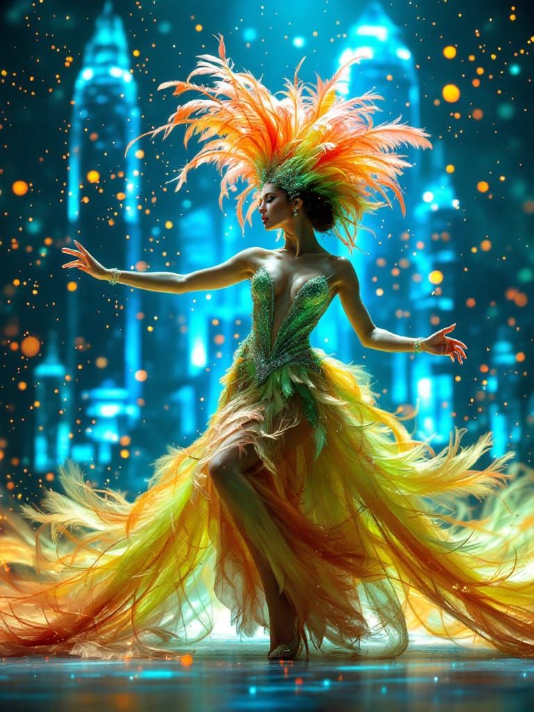 Cabaret Dancer in Fiery Explosion, Futuristic Fantasy Dancef...