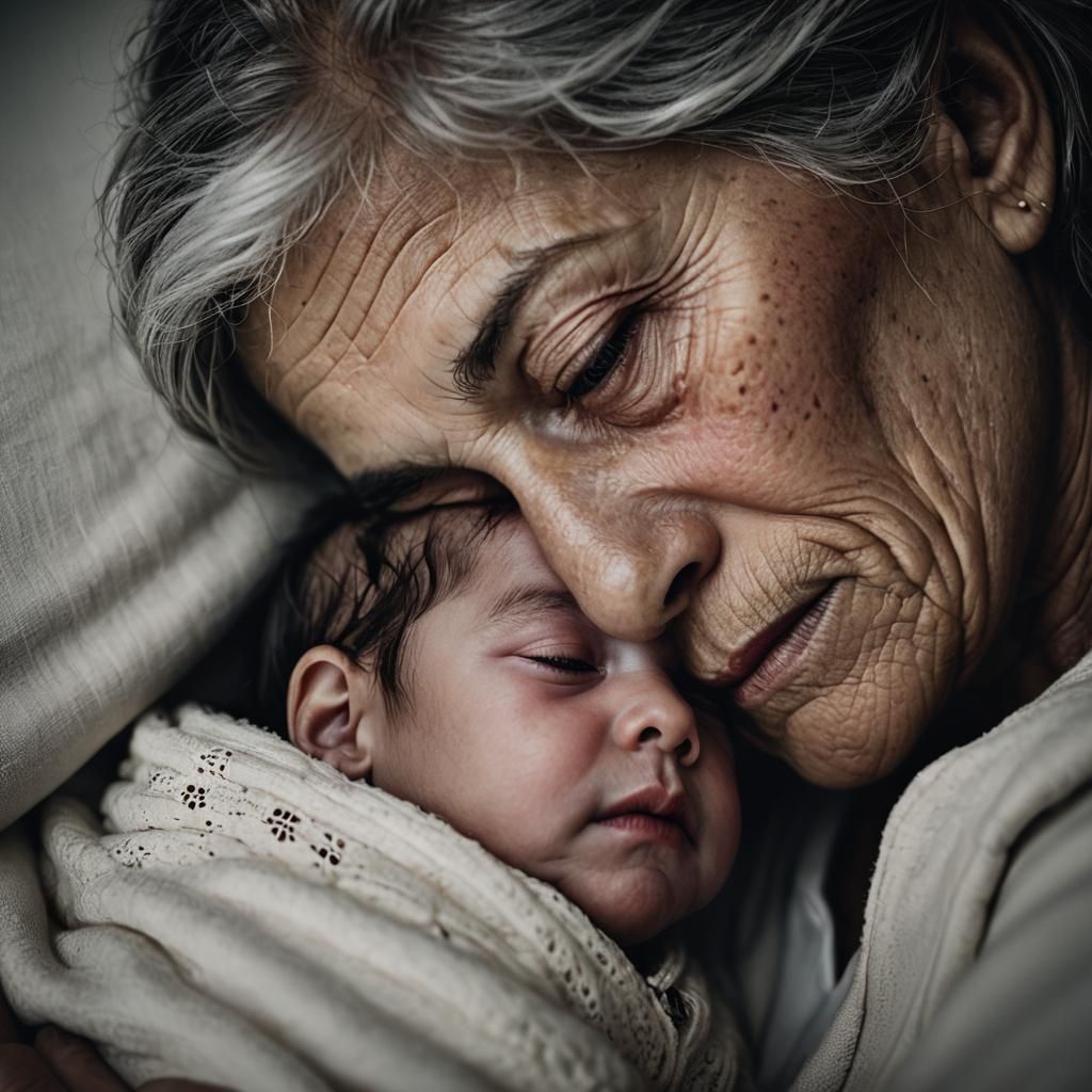 Grandmother Cherishes Sleeping Granddaughter in Intimate Por...