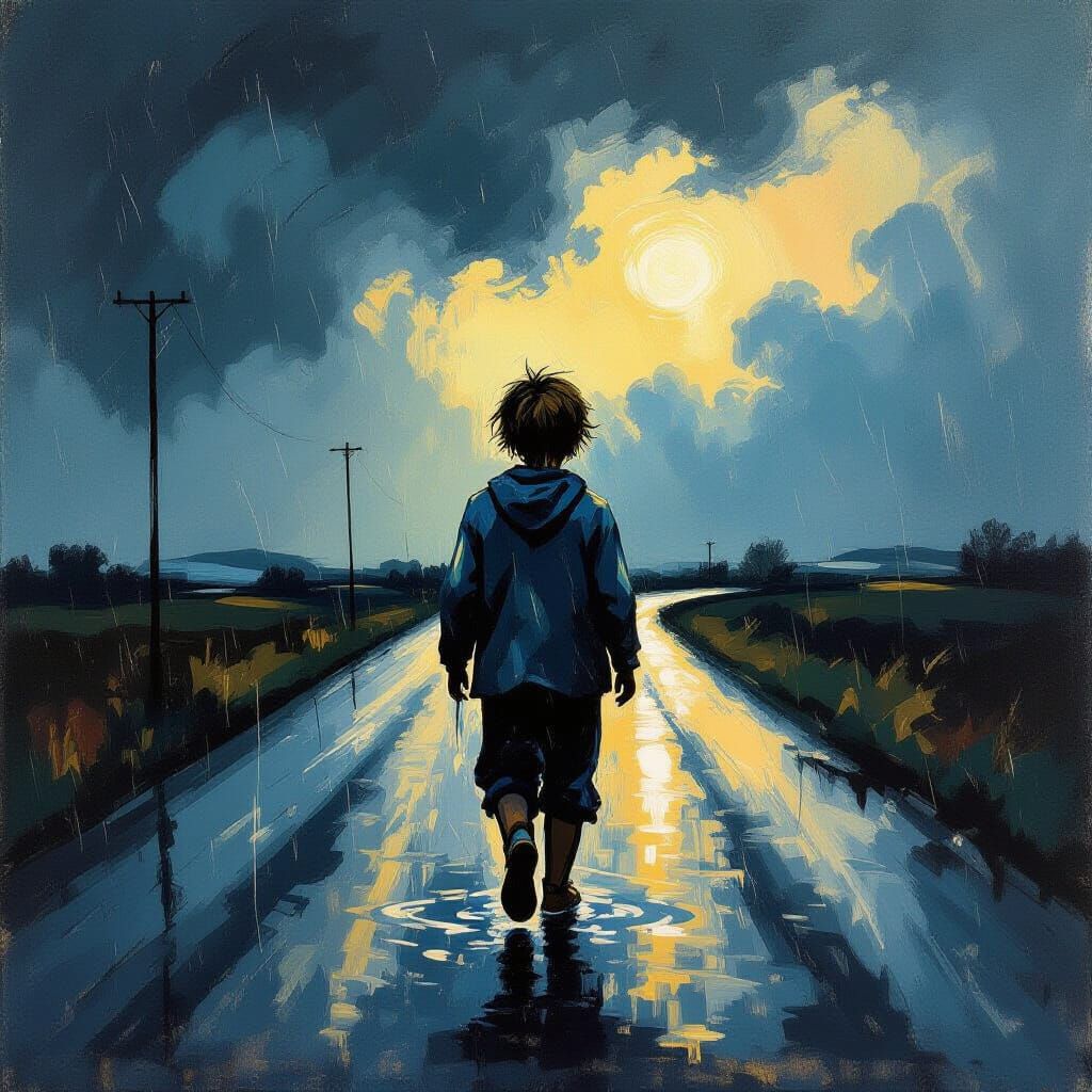 Child in Storm: Neo-Expressionist Twilight Scene