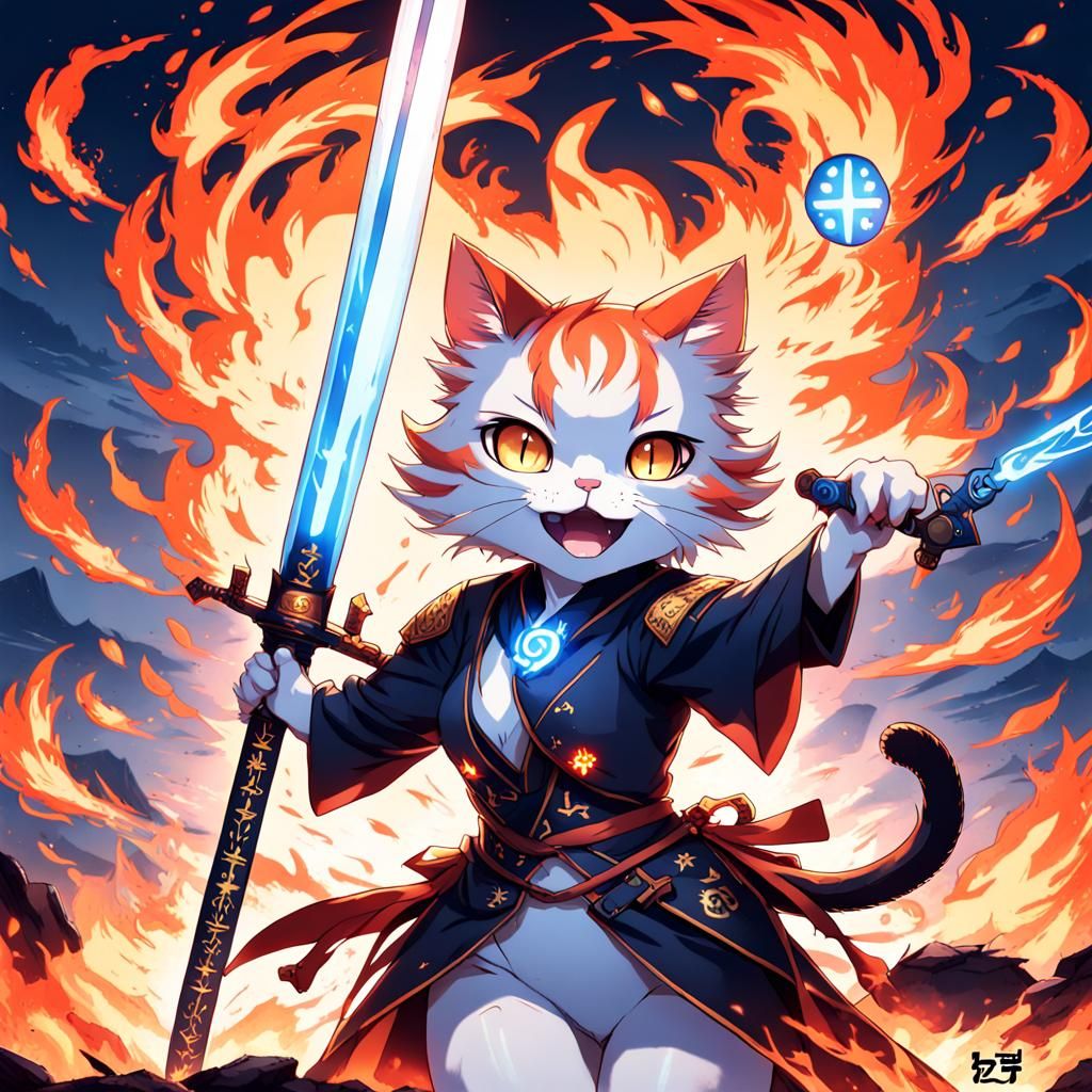 Anthropomorphic Cat Warrior with Flaming Sword, Anime Style