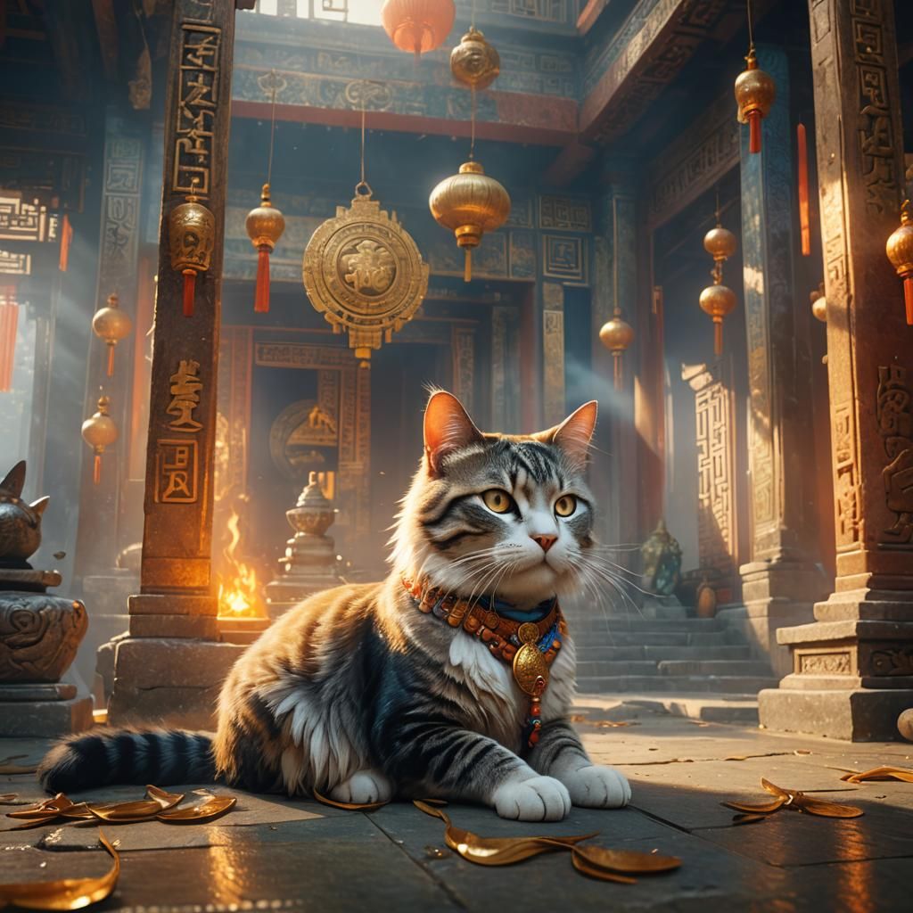 Cinematic Chinese Cat in Ancient Temple