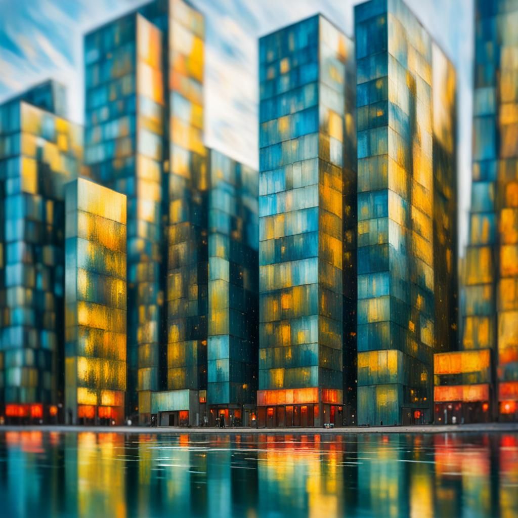 Futuristic Glass Buildings: Expressionist Oil Painting