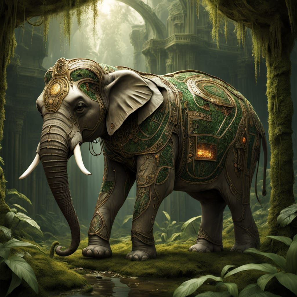 Majestic Elephant with Circuitry and Vines in Jungle Clearin...