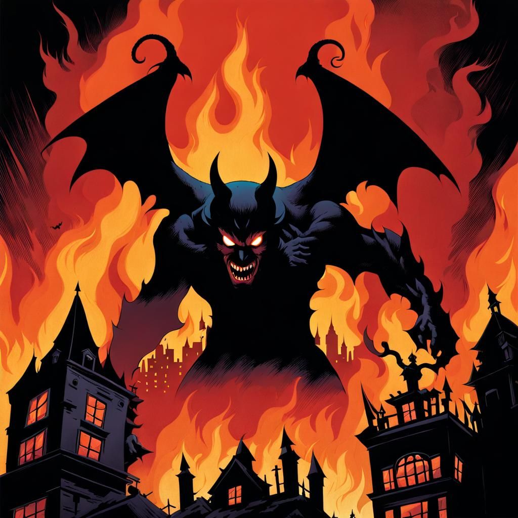 Demon in Burning City, Mignola Style Poster