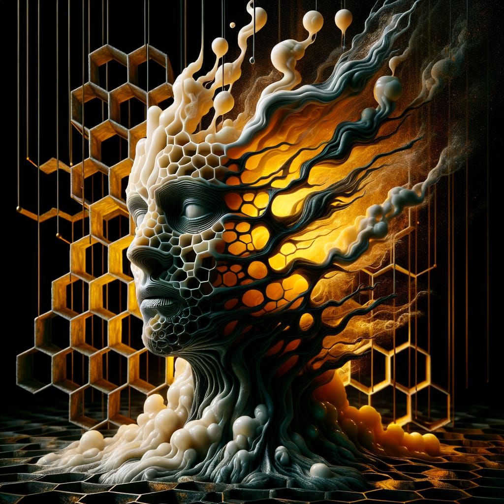 Surreal Ceramic Sculpture Emerging from Honeycomb with Diste...