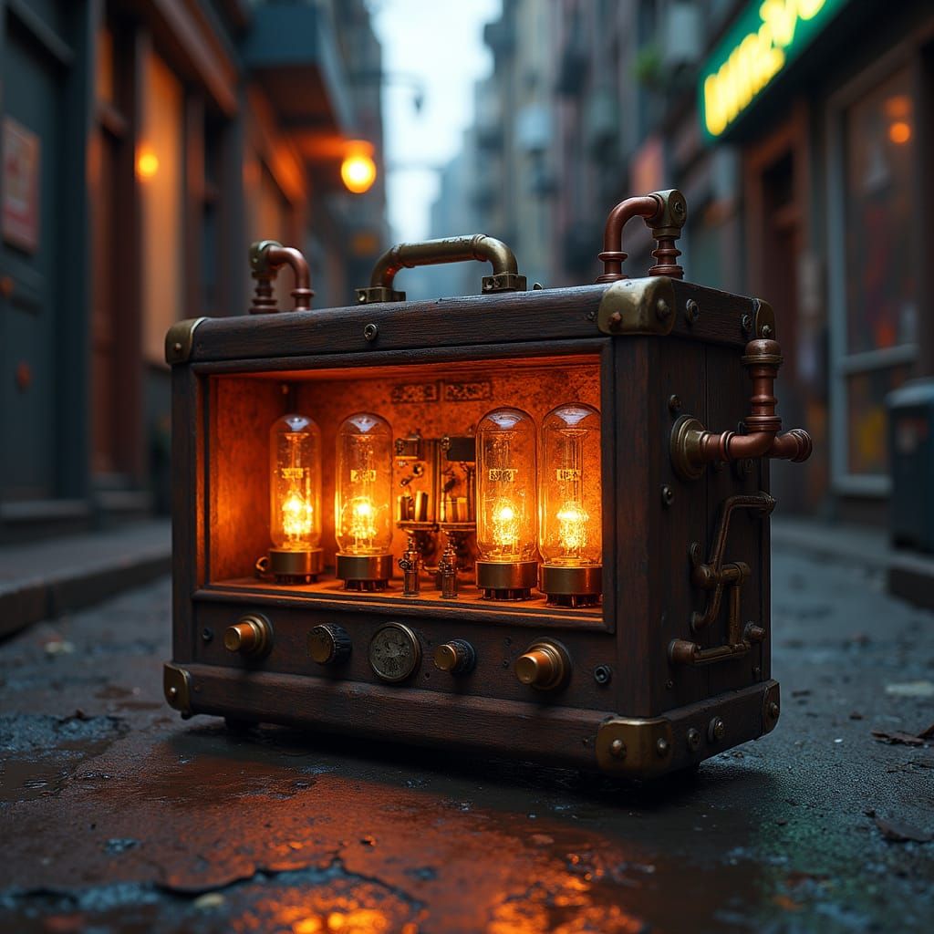 Retro-Futuristic Steampunk Nixie Tube Radio in Distressed Wo...