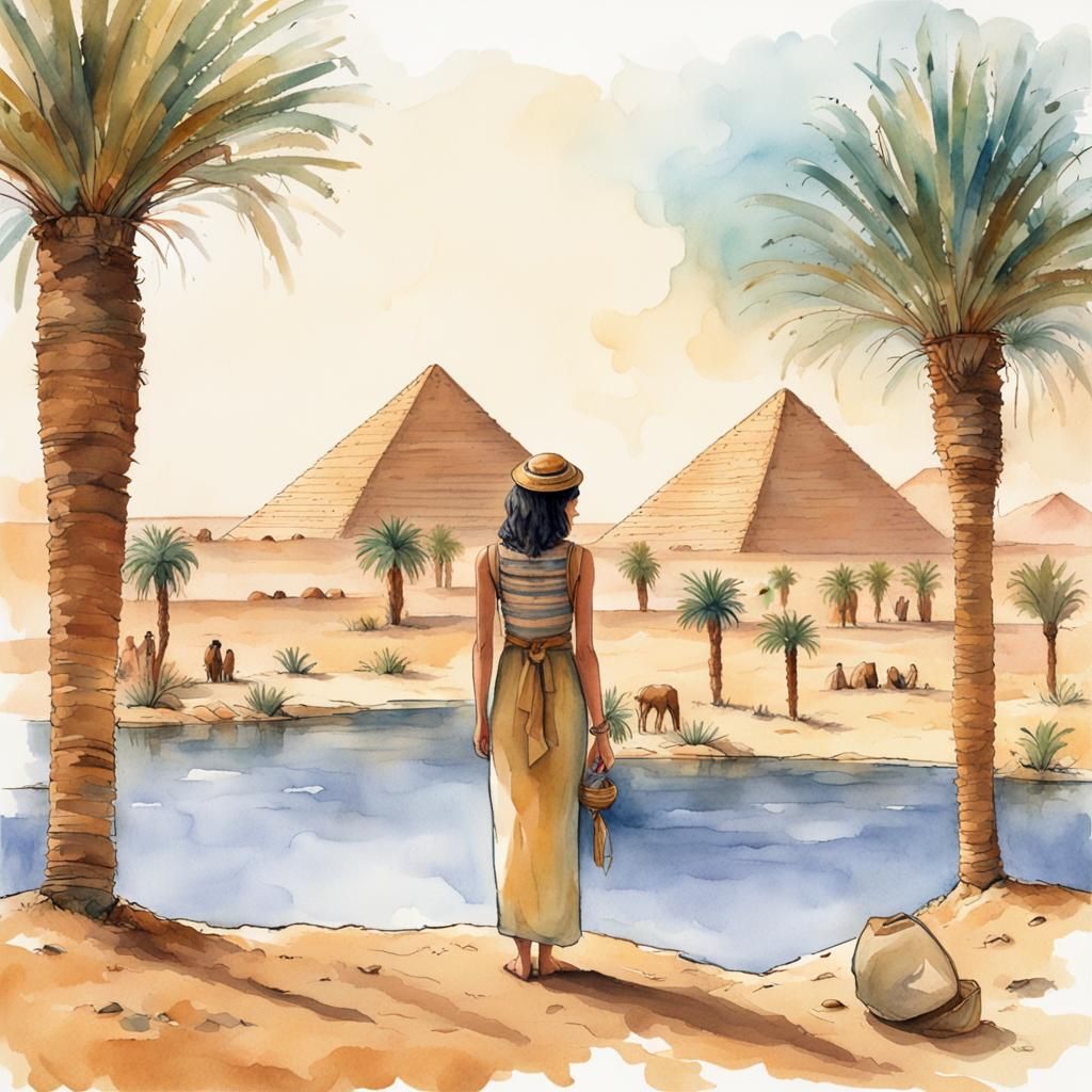 Egyptian Desert Oasis Watercolor Illustration