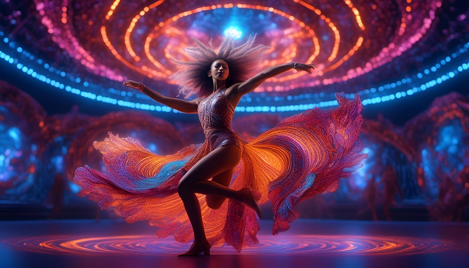 Hyperrealistic Dancer in Sci-Fi Fractalscape