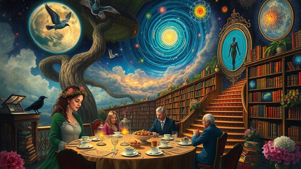 Surreal Tea Party in a Cosmic Library