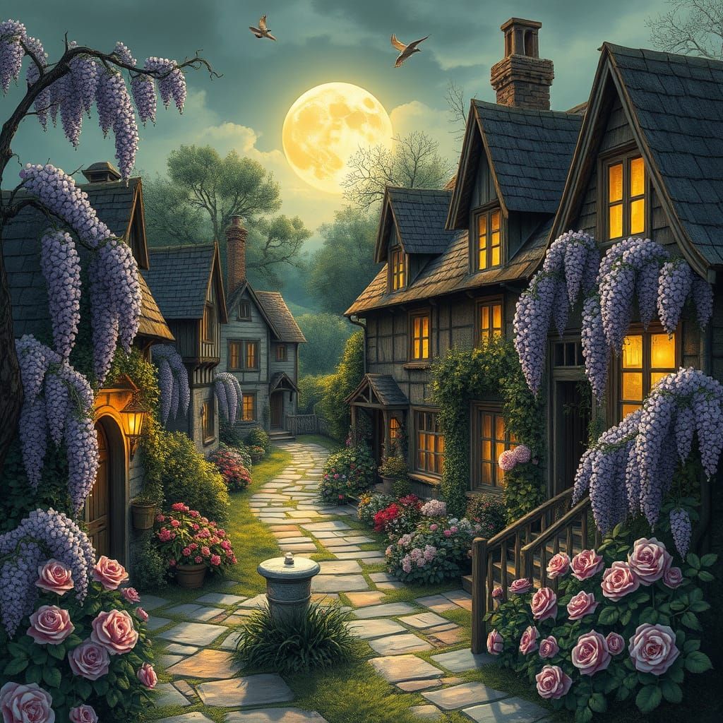 Whimsical Countryside Village in Soft Lunar Light