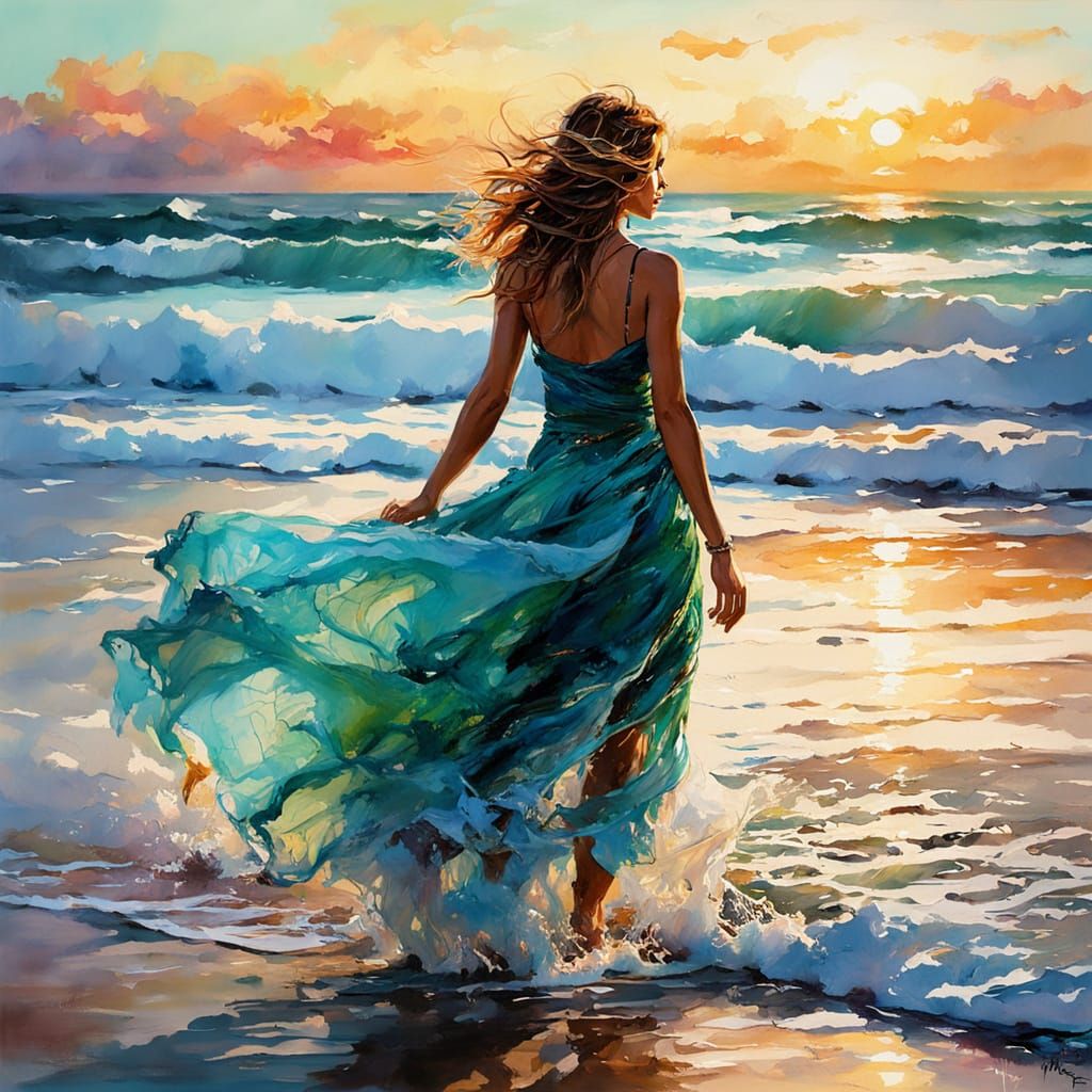 Seascape Sunset in Digital Watercolor Style