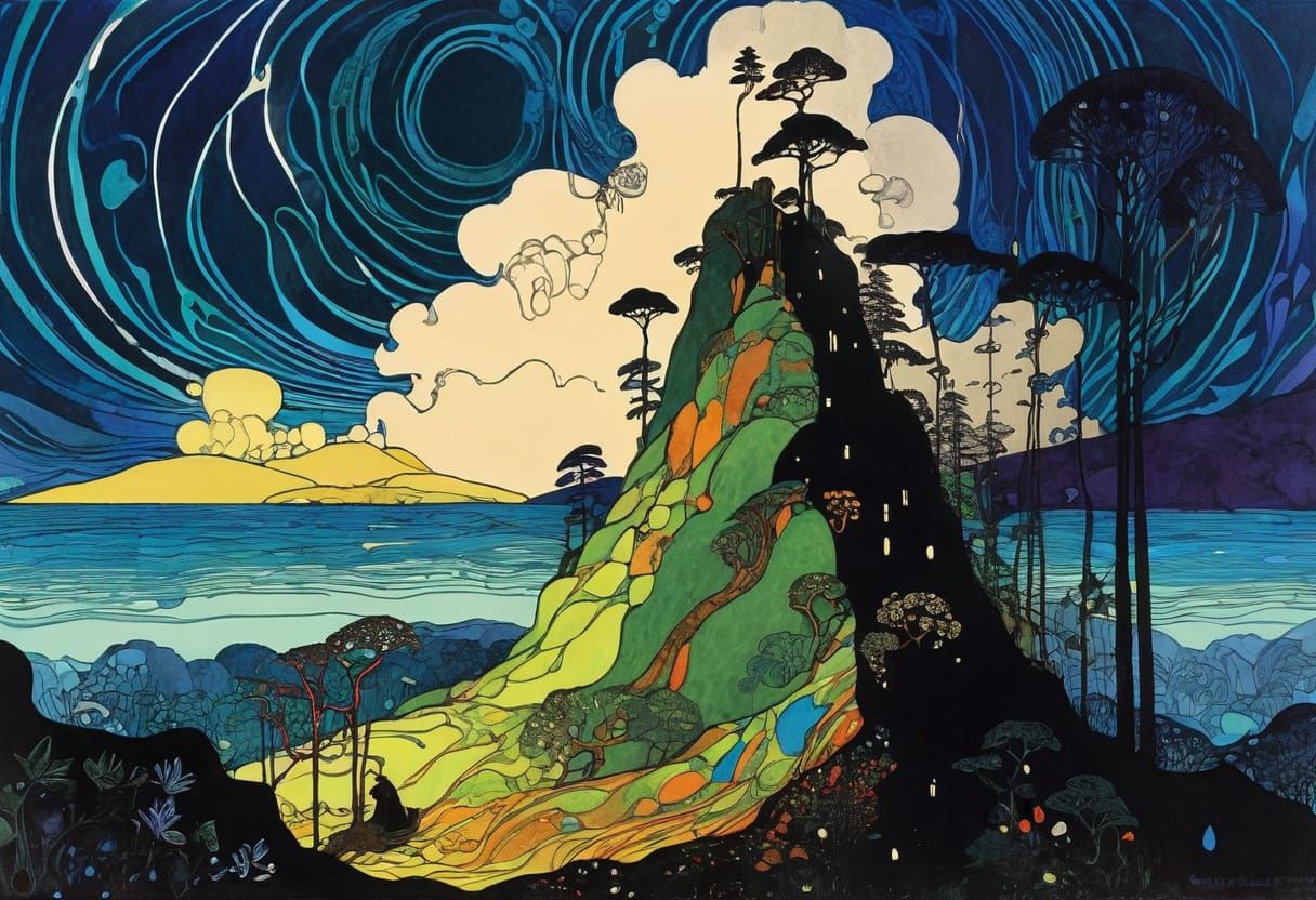 Vibrant Rainforest Line Drawing in Art Nouveau Style