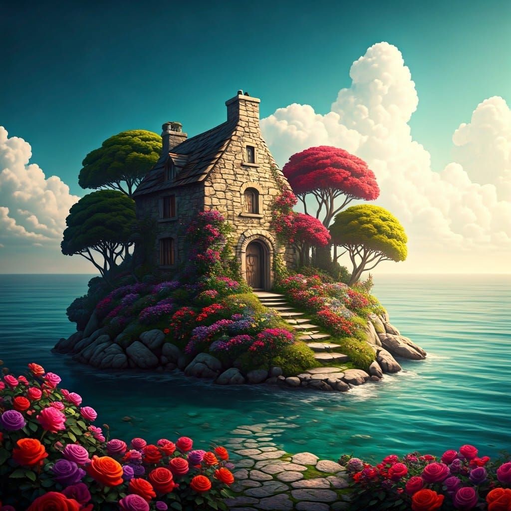 Whimsical Island Cottage Amidst Vibrant Roses in Turquoise S...