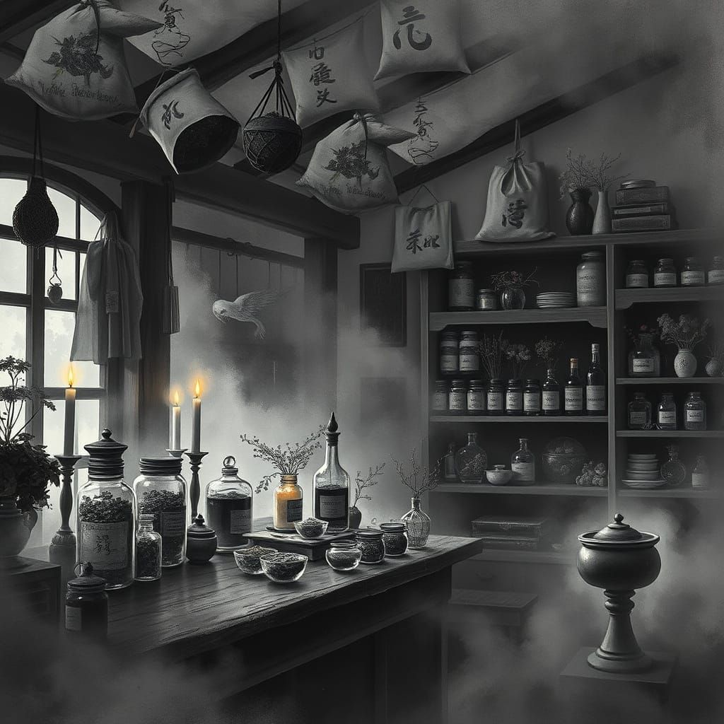Mystical Apothecary in Muted Greyscale