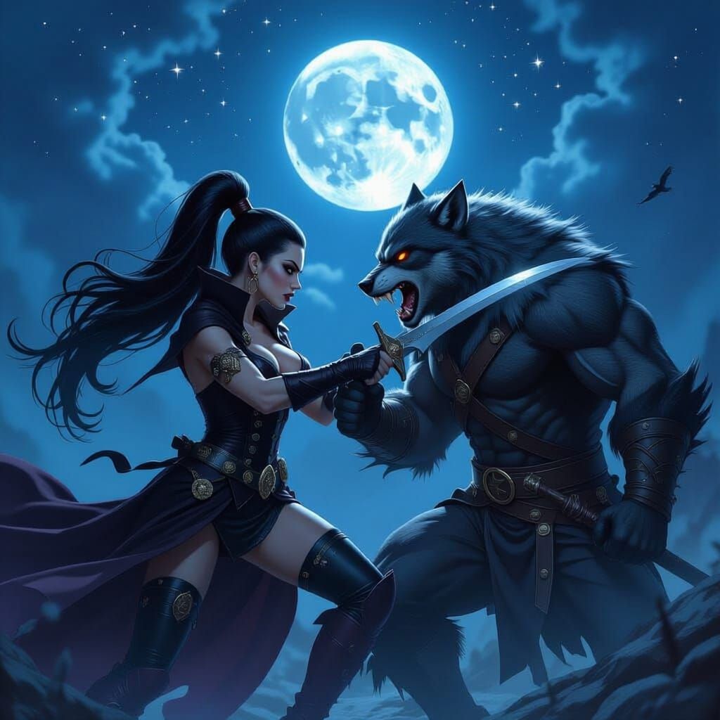 Vampiress Fights Werewolf Under Crescent Moon