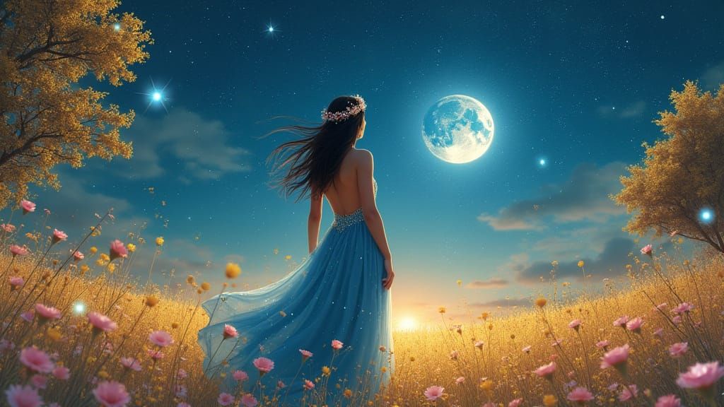 Luminous Night Sky: Dreamy Surreal Woman in Fantasy Field
