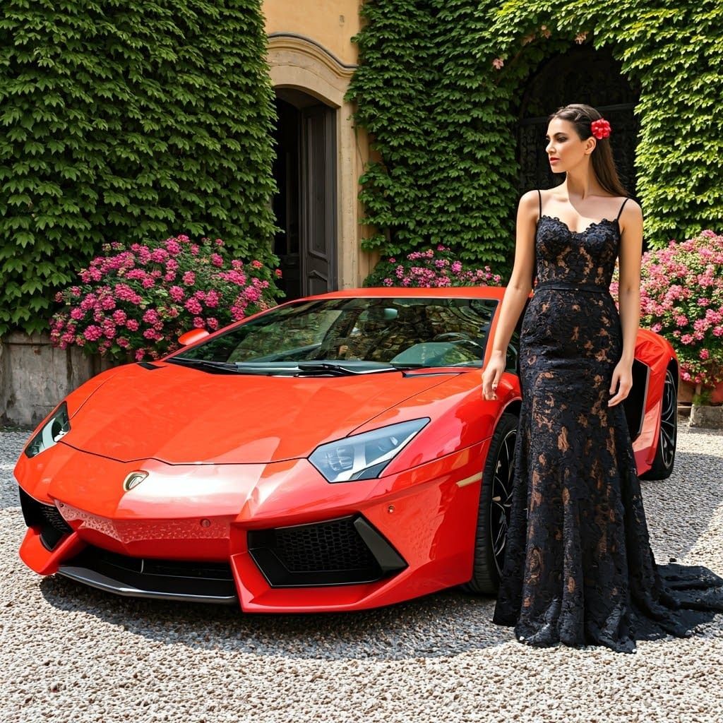 Red Lamborghini Aventador in Italian Courtyard