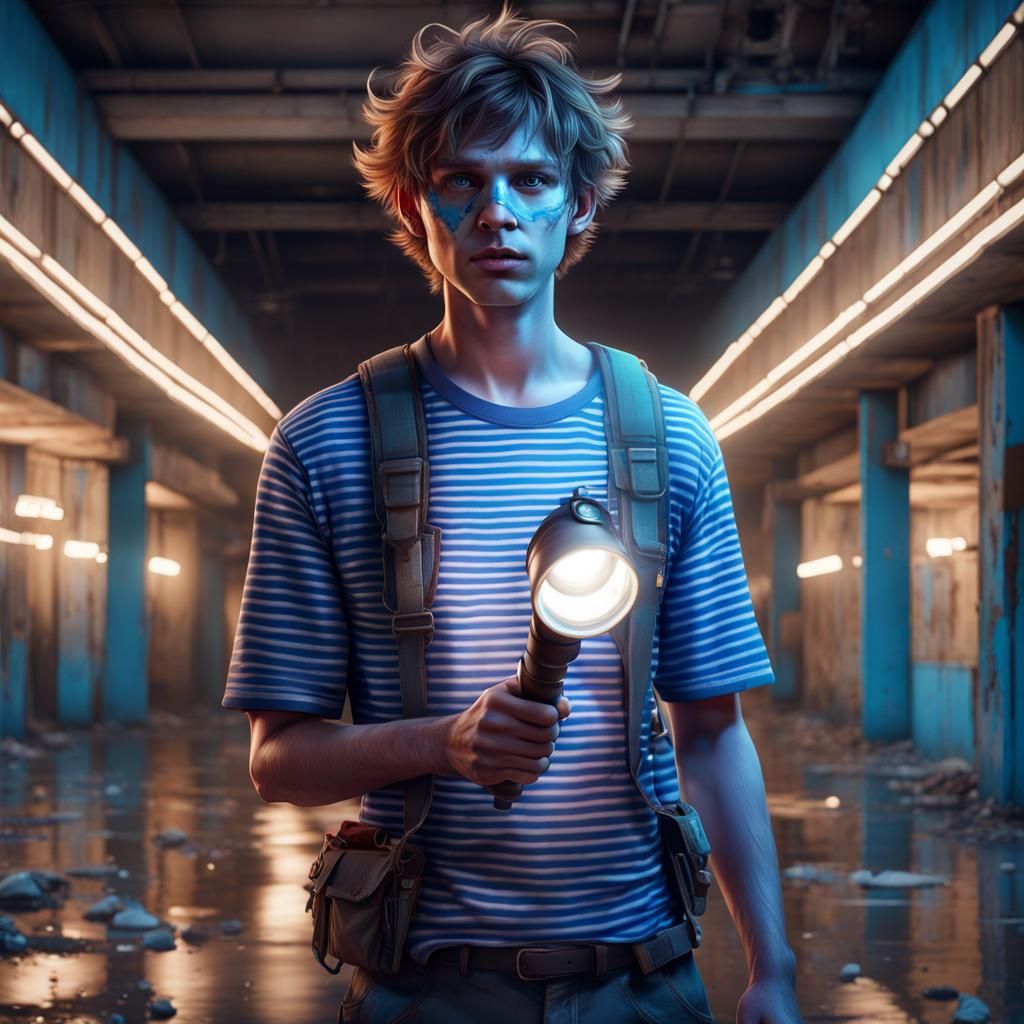 Young Man in Abandoned Mall: Neon-Lit Concept Art