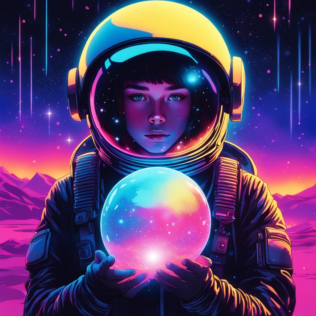 Girl in Space Helmet with Neon Orb, Synthwave Style