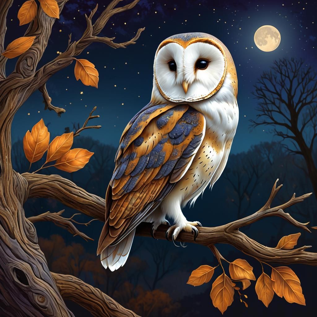 Whimsical Barn Owl in Autumn Night