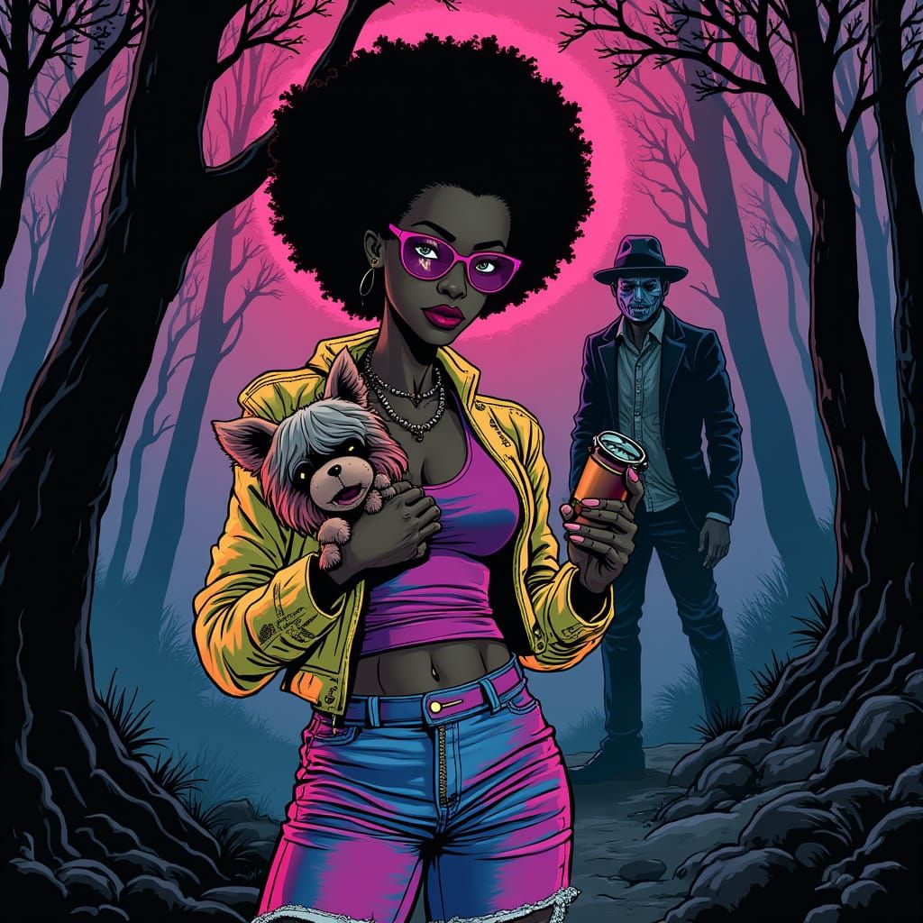 Retro Horror Queen Confronts Killer in Neon-Lit Forest